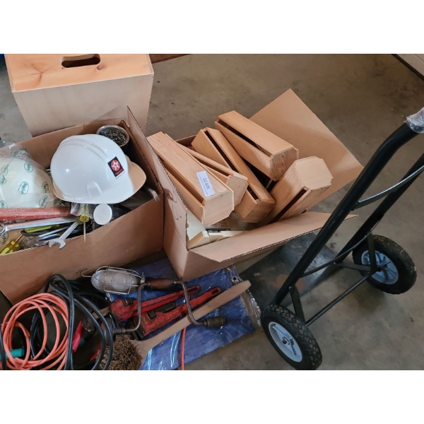 Dolly, Hard Hat, Wrenches & Lg Vareity of Tools, Trouble Light, Wood Wine Boxes & MORE