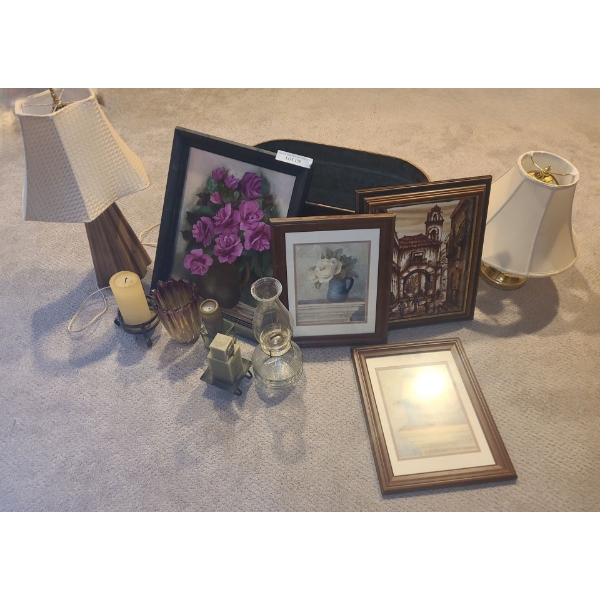 Oil Lamp, Copper Bucket, Glass Vase, Candles/Holders, Paintings, Prints & Lamps 