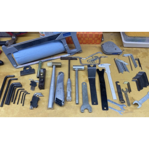 Variety Of Tools- Hex Keys, Hacksaw, Box Cutter, Hammers, Wrenches, Caliper, Bike Tools