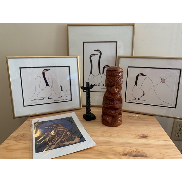 Tribal Art Decor lot, Three Framed Prints by Benjamin Chee Chee, totem pole statues, and more