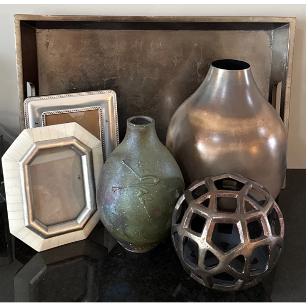 Elegant Decorative Vases, Picture Frames, & Geometric Sphere Accent Piece w/ Tray
