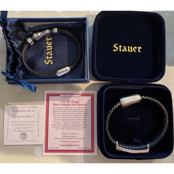 Set of 2 Lovely Mens Stainless Steel and Leather Bracelets 'Lest We Forget' w/ COA 
