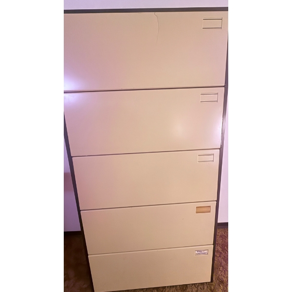 Five-Drawer Vertical Metal Filing Cabinet in Beige and Brown Finish