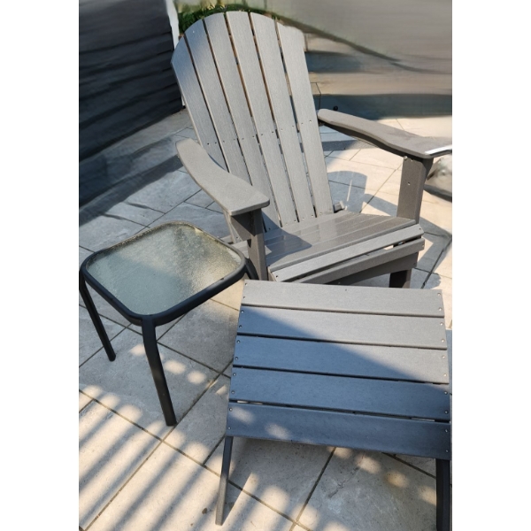 Resin Muskoka Chair 31 w, 36 h, 34 d w/ Stool 22 w, 15 h, 21 d and Side Table 16 w, 16 h, 16 d