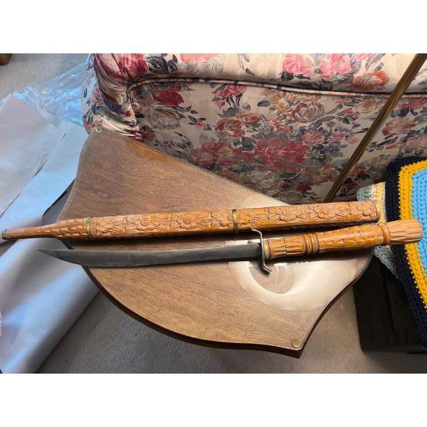  traditional Southeast Asian short sword, likely a Dha (also spelled Dah or Darb) hand carved wooden