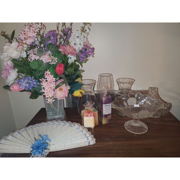 Assorted Decor Including: Vase w/ Flowers Vase 8 T, Candles, Fan 19 X 10, Bedding and More!