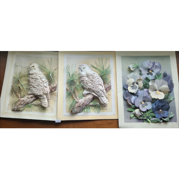 3-D Collage Prints of Owls 11 X 12 and Pansies 11 X 14, Unframed 