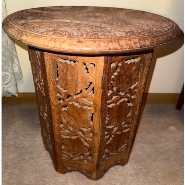 Solid Wood Hexagon Folding Table Hardwood Carved Six Sided Occasional or Side Table