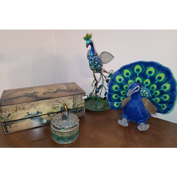 Peacock Decor Including Jewelry Box 13 W, 6 D, 5 T, Plushie, and More!