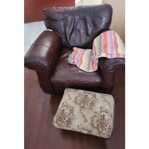 Natuzzi Brown Leather Club Chair 41 w 34 h and Tapestry Footstool