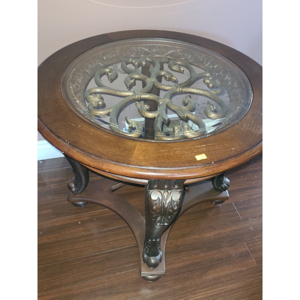 Wooden Side Table w/ Glass Insert Top and Scroll Design 28" Diameter Top, 26 T (2nd) 