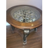 Image 1 : Wooden Side Table w/ Glass Insert Top and Scroll Design 28" Diameter Top, 26 T (2nd) 