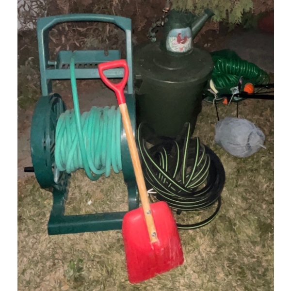 Green Thumb Essentials Hose with Storage Reel Seed Spreader Waspinator Trash Tote & More
