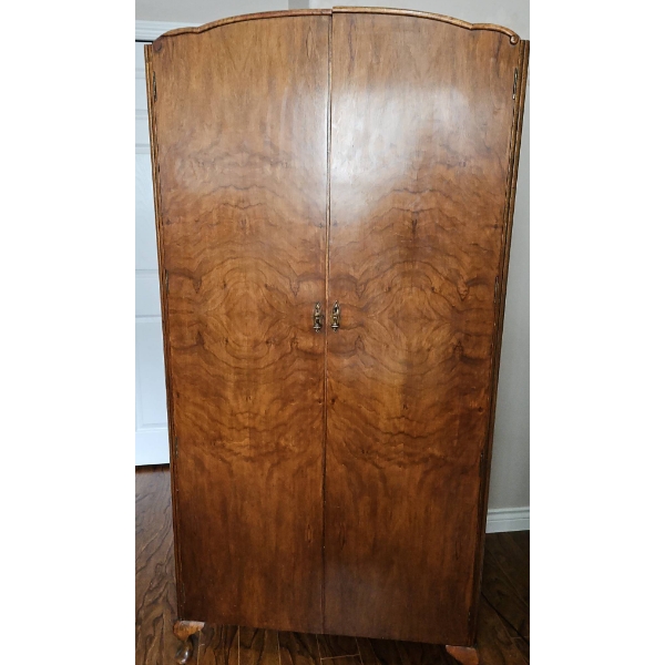 Wooden Wardrobe with Multiple Drawers, Shelves, Mirror and Brass Hardware