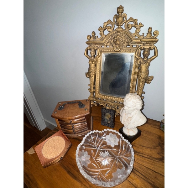 Solid Brass Decorative Mirror 12T w/ Beethoven Bust Crystal Candy Dish & More