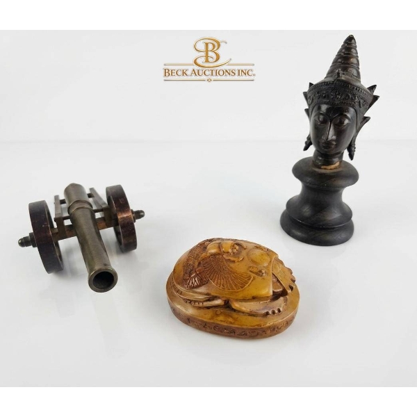 Three Decorative Items: Brass Cannon, Carved Box, and Bust Figurine