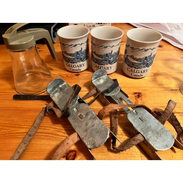 vintage ceramic souvenir mug featuring a blue indented design of the Calgary skyline and mountains, 