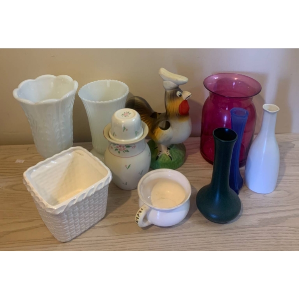 Decorative Glass and Ceramic Items, Including Milk Glass Vases