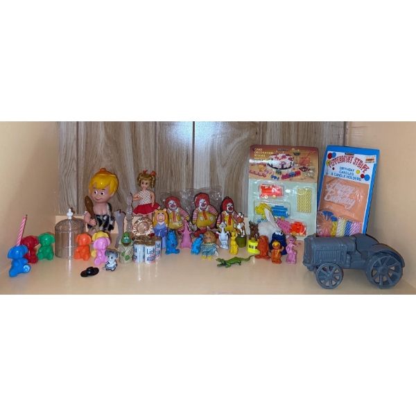 Extensive Toy Collection Featuring Heavy Solid Metal McCormic Deering Tractor, Dolls, Bud Candles