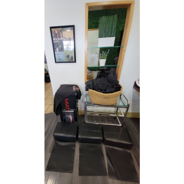 Stylist's Supplies - Chrome Rolling Rack 30L Barbour Booster Inserts & Large Basket of Capes 