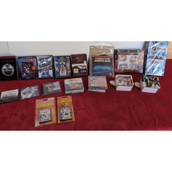 Various Oilers DVDs, CDs and Upperdeck Mini Discs and Hockey Cards