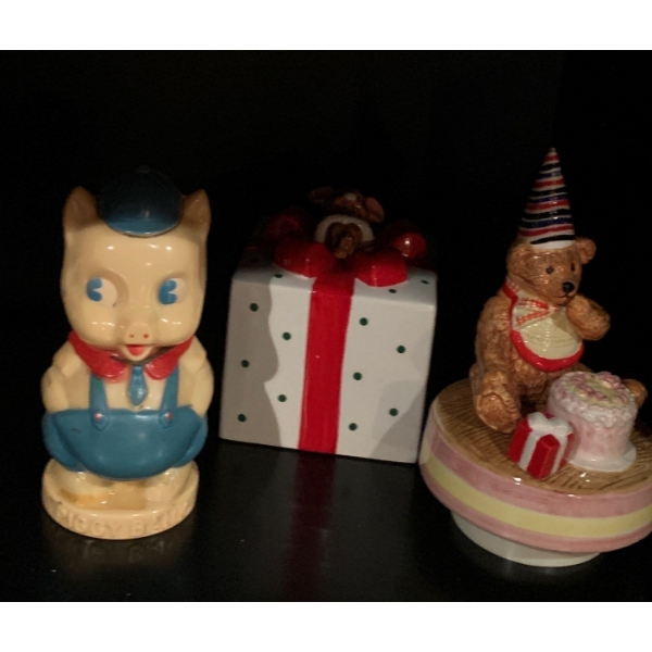 Collectible Music Boxes (2) w/ Vintage Piggy Bank full of Pennies 