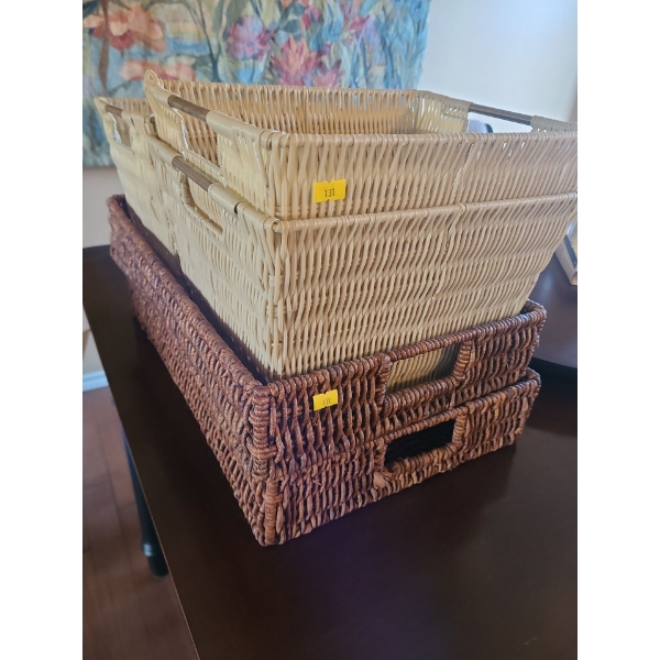 Flat Seagrass Baskets X2 (19"W, 13"D, 4"T) Wicker-Look X3 and Seagrass Totes X4 (18"W, 13D, 9"T)