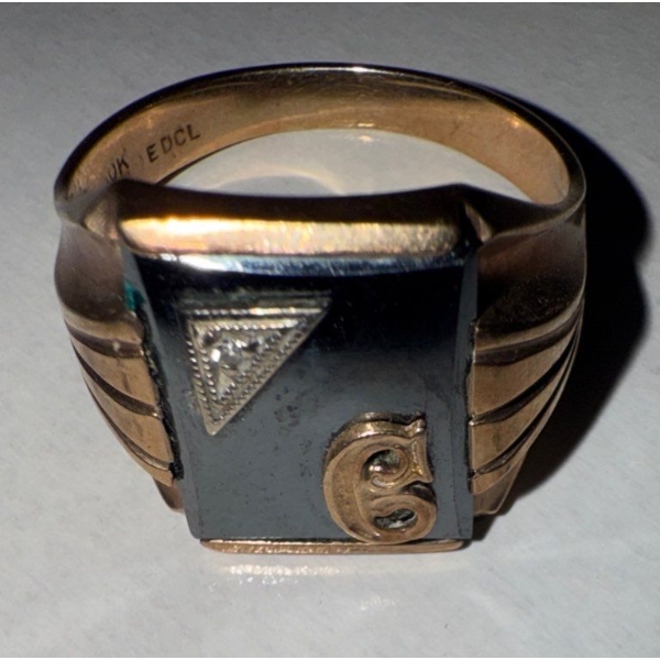 Stamped 10K Yellow Gold Initial 'C' Diamond & Hematite Signet Ring 