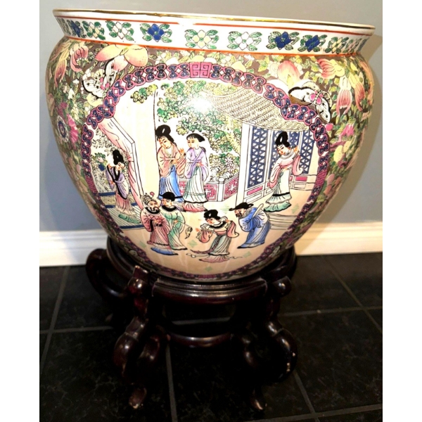 Vintage Chinese Famille Rose Porcelain Fishbowl Planter w/ Carved Rosewood Pedestal 