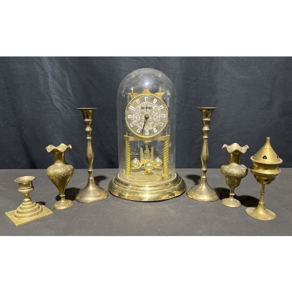 Brass Mantel Clock with Dome and Assorted Indian Brass Decor