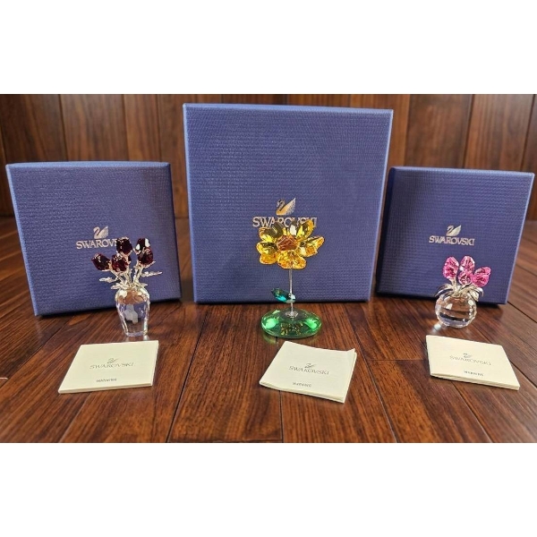 Three Swarovski Crystal Floral Figurines with Original Boxes