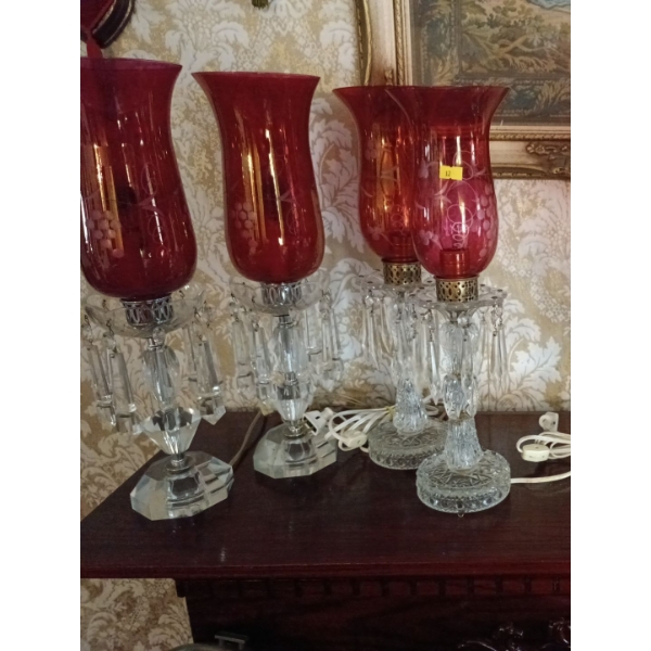 Antique Cranberry Glass Bohemium Mantle Lustre Hurricane Lamps - Set of 4, Tallest is 19T
