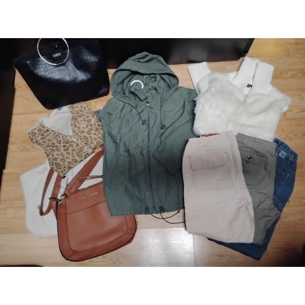 Sage Green Bomber w/ Vegan Fur Sweater Leopard Print Cardigan 2 Purses 3 Pair of Pants