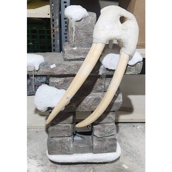 Walrus Tusk and Stone Inukshuk Sculpture with Snow Accents, 33" Height