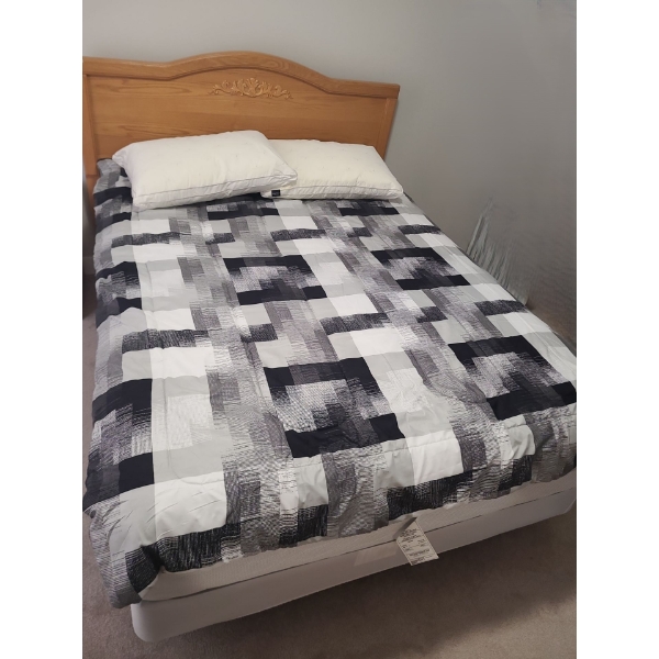 Queen Bed Package Includes: Serta "Harlyn" Mattress and Boxspring, Headboard, Rails 62 W, 80 D, 48 T