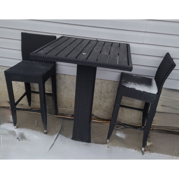 Wicker Look Outdoor Table 39 T, 28 L, 28 W and 2 Bar Chairs 40 T, 15 L, 13 W