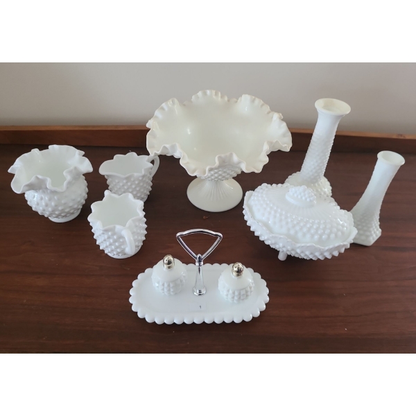Fenton White Hobnail Glassware Including: Dish, Salt and Pepper Shakers and More!