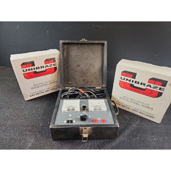 Vintage Welding Test Meter and Two Boxes of Unibraze Mild and Low Alloy Solid Steel Welding Wires