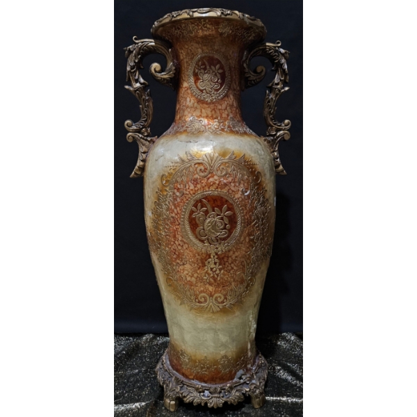 Decorative Vase with Ornate Handles and Embossed Detailing, 40-Inch Height