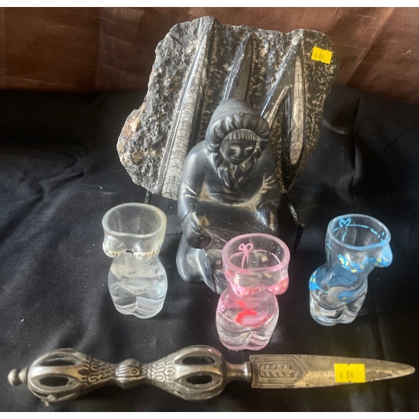 Antiqued Letter Opener Stone Art w/ Indigenous Figure & Bikini babe Shot Glasses