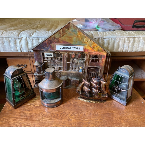Copper Folk Art General Store and Ship with Decorative Lanterns.