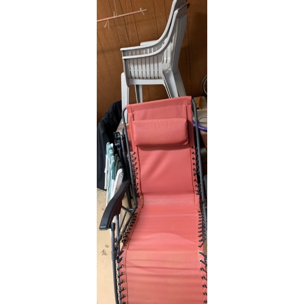 Lawn Chair Collection - Red Extendable Chairs (2), Grey Plastic Chairs, Bonus Chair 