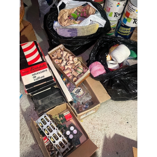 bags, full of thread, yarn, vintage old spindles, tons of them, small radio parts, VHS cassettes and