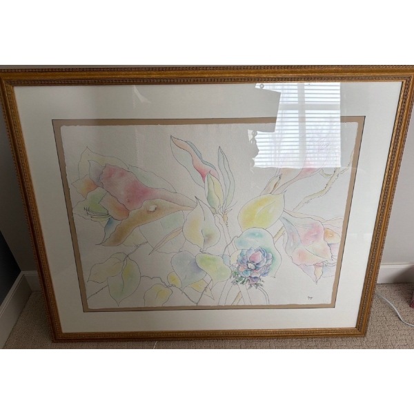 Watercolor or Pastel Painting Featuring A Floral Arrangement in Abstract Colors  Artist Named "Margo