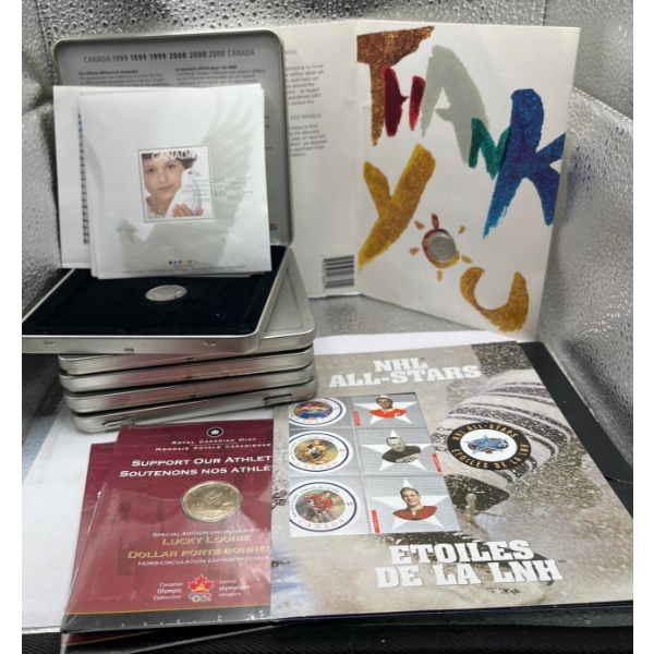 Collection of Commemorative Coins and Stamps, Sterling Silver Pin 92.5% of 2.4g
