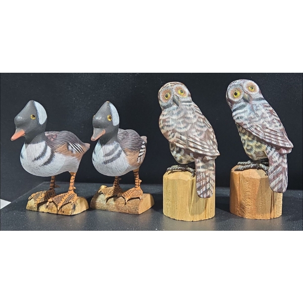 4 Hand Crafted Wooden Birds (2 Owls) (3" & 4"T)