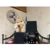 Image 5 :  iron and wood corner shelf with small stereo and a number of small collectibles Along with some sma