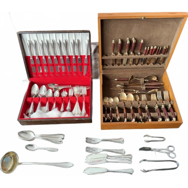 Two Sets of Flatware in Wooden Cases, Assorted Pieces