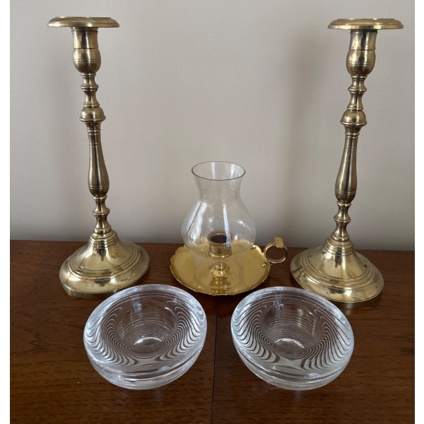 Brass Candlesticks, Chamberstick, and Glass Bowls