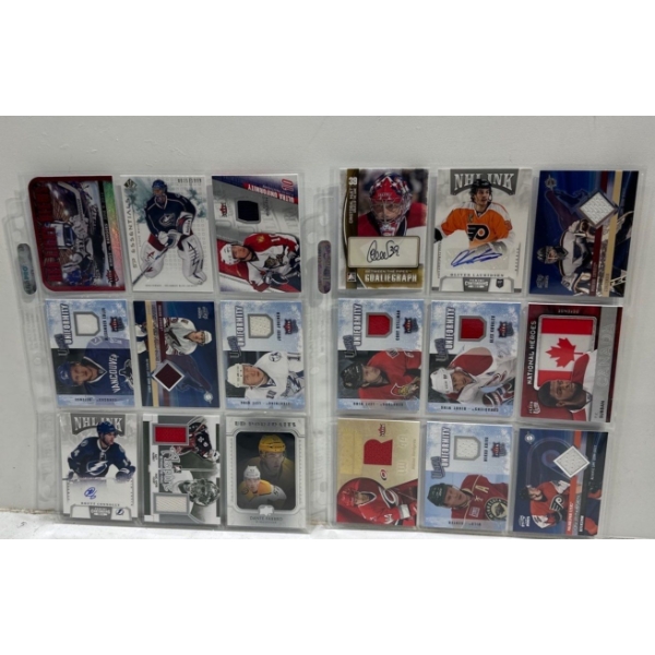 Two Binder Pages of Hockey Memorabilia Collector Cards